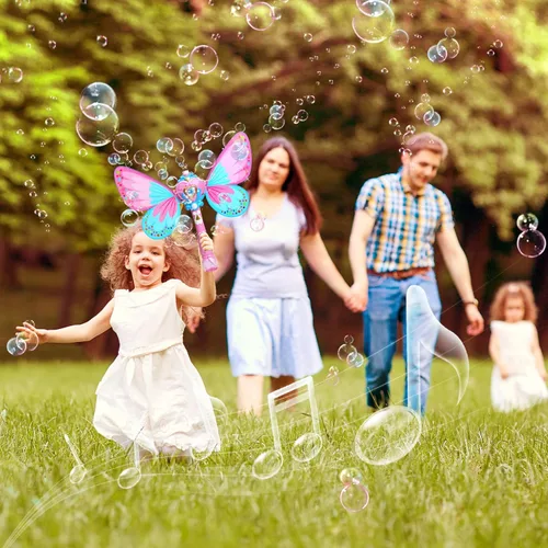 Vista 6 de Sitodier Máquina de burbujas para niños, soplador de burbujas de mariposa para niños pequeños, más de 1000 burbujas por minuto, juguetes para soplar