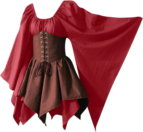 Vista 5 de pbnbp Vestidos medievales renacentistas con corsés, trajes de hadas de elfo de Halloween, manga mariposa, dobladillo irregular, disfraces de feria