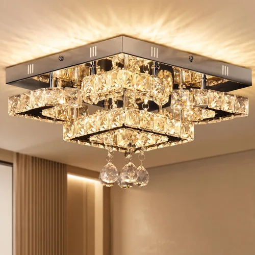 Vista 10 de Lámpara de techo LED moderna de 15.7 pulgadas, lámpara de araña de cristal de montaje empotrado, lámpara moderna con forma de luna redonda para sala