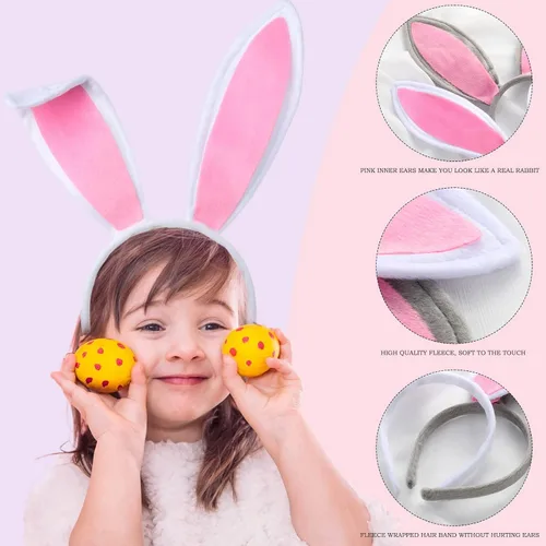 Vista 4 de Orejas de conejo blancas con orejas de conejo peludas, diadema de orejas de conejo, accesorios para el cabello para mujeres