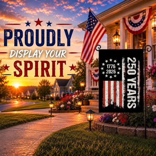 Vista 6 de Bandera de jardín de 250 años de América, Bendiciones 250° aniversario USA Bandera patriótica doble cara con diseño de estrellas y rayas