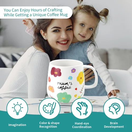 Vista 4 de Kit de Pintura de Tazas DIY de Goldentime para Adultos y Niños Incluye Tazas Cerámicas en Blanco para Decorar, Tazas Pintables y Suministros