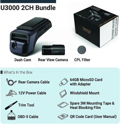 Vista 2 de THINKWARE U3000 4K Dash Cam delantera y trasera 2CH STARVIS 2 Sensor visión nocturna súper visión para cámara de coche 5GHZ WiFi GPS Radar modo