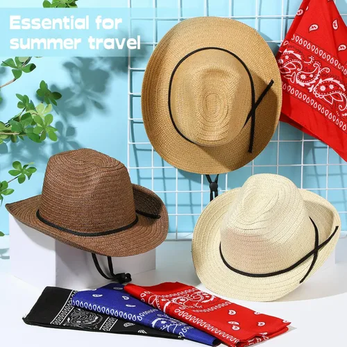 Vista 3 de SATINIOR Juego de 12 sombreros de vaquero de paja para niños con bandanas, disfraz de vaquero para fiesta occidental, disfraz de niño