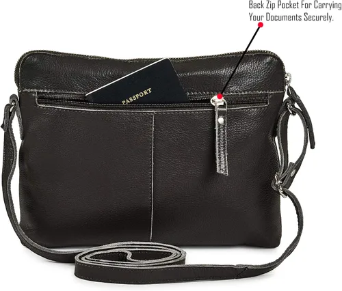 Vista 4 de Bolso cruzados pequeño y cartera de cuero auténtico granulado suave, bolso de hombro cruzado tipo bandolera de calidad prémium y triple cremallera
