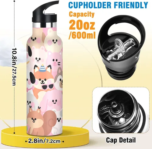 Vista 2 de Botella de agua de metal para niños con diseño de animales lindos de dibujos animados, a prueba de fugas, color rosa, a prueba de fugas, mantiene