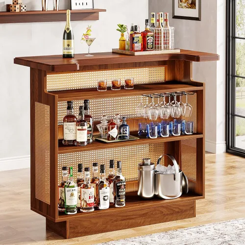 Vista 8 de Tribesigns: unidad de bar para el hogar de ratán, mesa de bar de 4 estantes estilo granja con 4 portavasos y base elevada, gabinete de bar