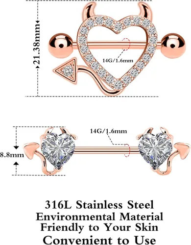 Vista 2 de BODY16G CZCZ Piercing para pezones de acero inoxidable 316L con forma de corazón de diablo con circonita cúbica para pezones piercing corporal