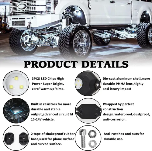 Vista 4 de Kit de luces LED blancas con 12 luces de cápsula compatible con camión, automóvil, SUV, barco, motocicleta, vehículo, fácil instalación