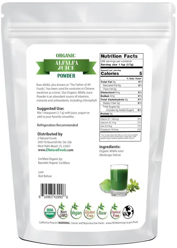 Vista 2 de Z Natural Foods Polvo de jugo de alfalfa orgánico, polvo de superalimento de hierba verde, mezcla en batidos, bebidas, recetas, crudo, todo natural