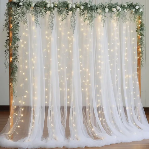 Vista 30 de Cortina de telón de fondo de tul azul bebé de 10 x 8 pies con cadena de luces para fiestas, cortinas de fondo transparentes para bodas, baby shower
