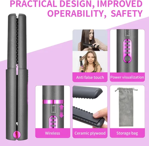 Vista 5 de OBEST Rizador de pelo inalámbrico 2 en 1, plancha plana inalámbrica de calentamiento rápido, alisador portátil para alisar y rizar el cabello, 5000