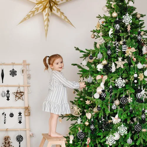 Vista 6 de 120 Piezas Adornos para Árbol de Navidad en Blanco y Negro Bola de Navidad Copo de Nieve Colgantes Adornos de Dulces Remolino Adorno de Piruleta