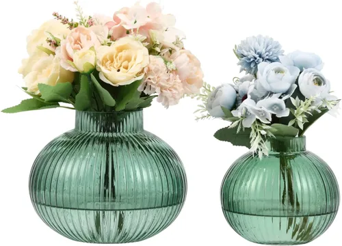 Vista 62 de Jarrones de vidrio acanalado, juego de 2 jarrones estriados para flores, florero de vidrio ámbar para tulipanes, jarrón moderno para sala de estar