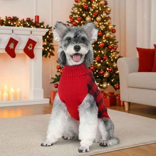 Vista 5 de KYEESE - Suéter de Navidad para perros con diseño de renos para perros pequeños, ropa a cuadros de búfalo rojo con agujero para la correa para días