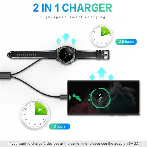 Vista 4 de Cargador magnético 2 en 1 USB-C para Samsung Galaxy Watch 7/6/5/4/3/Classic, Pro 5/4, Active Watch 2/1, Galaxy Buds/Live/+, cable de carga rápida
