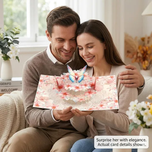 Vista 2 de Tarjeta de cumpleaños desplegable 3D – Elegante tarjeta de felicitación emergente de pastel floral de mariposa rosa para mujeres, mamá, esposa