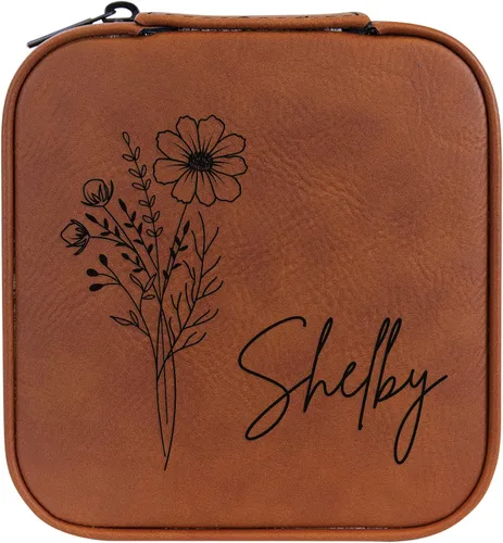 Vista 101 de Joyero de flores de nacimiento personalizado Estuche de viaje (cuero crudo, abril - guisante dulce)