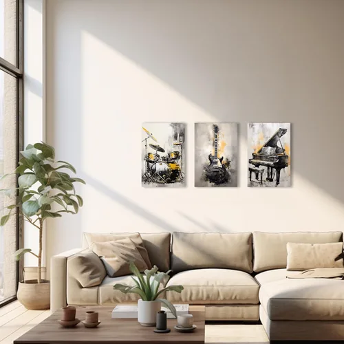 Vista 2 de QIXIANG Lienzo decorativo de pared para amantes de la música, 3 piezas, guitarra negra y dorada, piano y batería, impresiones de imágenes