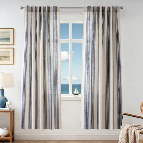 Vista 61 de DriftAway Cortinas de estilo granja con rayas verticales de lino mezclado texturizado con filtro de luz semitransparente para sala de estar
