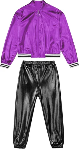 Vista 5 de YiZYiF Conjunto de ropa de baile para niños y niñas, disfraz de hip hop, jazz, chaqueta bomber metálica brillante con pantalones de cintura alta