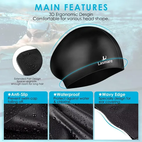 Vista 3 de Large Long Hair Swim Cap with Extra Room for Women Men, Silicone Swimming Cap for Long Thick Hair with Ear Plugs Nose Clip Set, Adult Waterproof