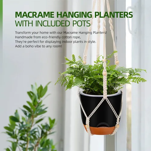 Vista 6 de Paquete de 2 macetas colgantes de riego automático de 7.2 pulgadas para plantas de interior y exterior, macetas colgantes de macramé de 34 pulgadas