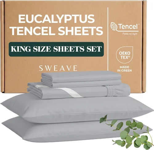 Vista 10 de Sábanas de eucalipto: sábanas refrescantes de Tencel de mezcla Queen con algodón egipcio, tejido de percal ultrasuave y transpirable, juego de ropa