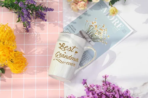 Vista 3 de Taza "Best Grandma Ever" Regalos de Café Cumpleaños Día de las Madres para de Nieta Nieto Nietos Nietos 14 Onzas Caja de Regalo con Cuchara y Tapete