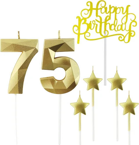 Vista 32 de Velas de cumpleaños doradas con número 20 y velas de estrella de cumpleaños de 7 cm Velas para pastel de cumpleaños en forma de diamante 3D son