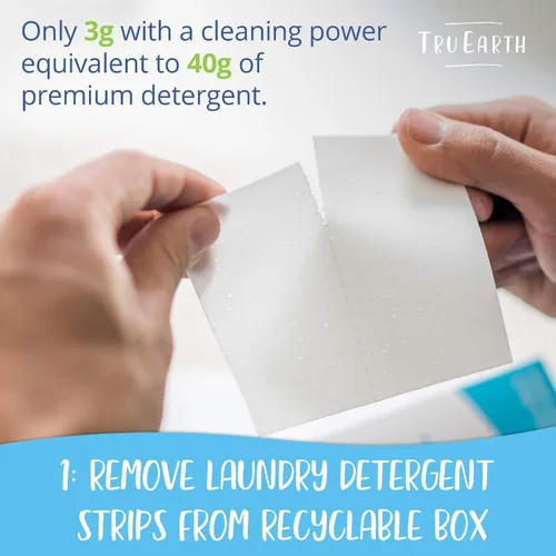 Vista 4 de Tru Earth Detergente seco compacto para ropa – hasta 128 cargas (64 hojas) – Sin parabenos – Detergente sin líquido original Eco-Strip, viajes, lino