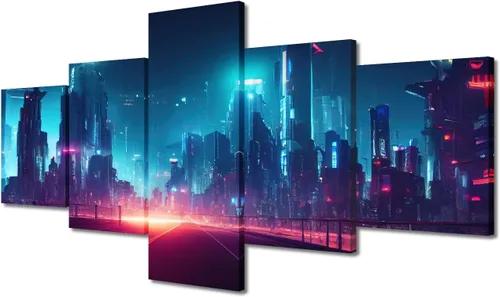 Vista 341 de Cuadros de 5 paneles de Cyberpunk City, arte de pared, representación de vallas publicitarias, edificios modernos en la capital con obras de arte