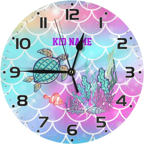 Vista 12 de Reloj de pared personalizado con escamas de sirena coloridas y estrellas de mar para habitación de niños, reloj de pared personalizado con nombre