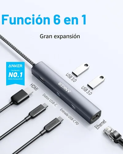 Vista 2 de Anker - Hub USB C 6 en 1 con entrega de energía de 65W, HDMI 4K, Ethernet de 1 Gbps, puertos USB para MacBook Air, iPad Pro, XPS y más