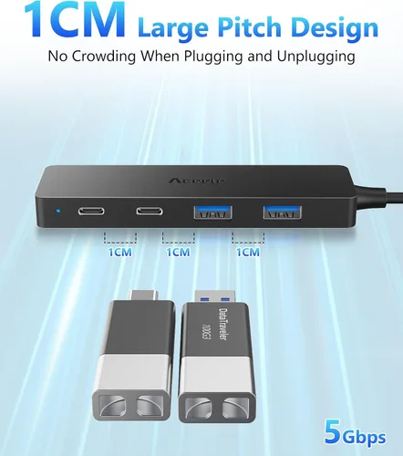 Vista 4 de Aceele Divisor USB Hub 3.0 con 2 USB-C y 2 USB-A, adaptador extensor multipuerto ultrafino de 4 puertos con cable de extensión de 4 pies de largo