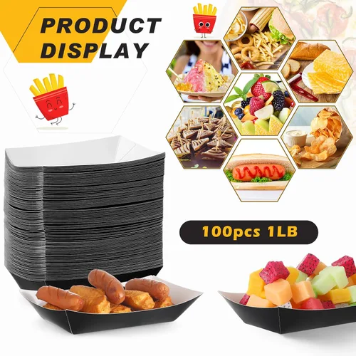Vista 3 de Yinkin 100 bandejas de papel para alimentos, botes, bandejas desechables para nachos de 1 libra, bolsas de chips de taco, bolsas de papel kraft