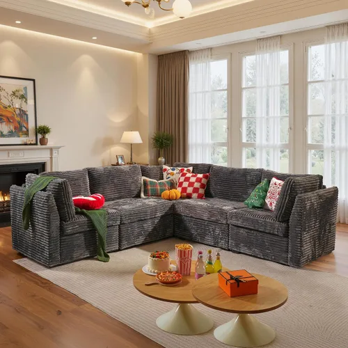 Vista 31 de Ovios - Sofá modular con diván en forma de U y otomanas, cómodo y mullido, tapizado en pana estilo nube, moderno, asiento profundo, juego de sofás
