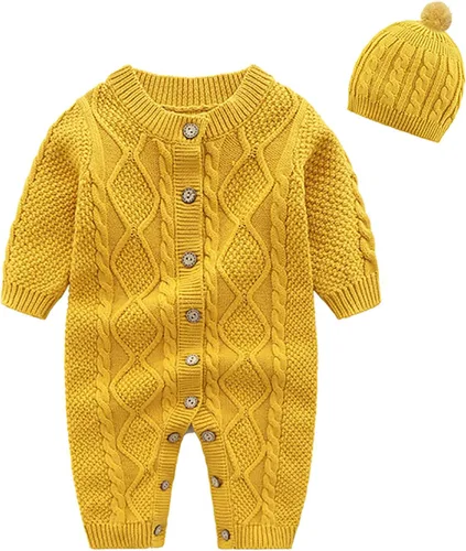 Vista 7 de Conjunto de suéter de punto tipo romper para bebé recién nacido niño de algodón de manga larga con gorros cálidos de invierno para niños Set beige.
