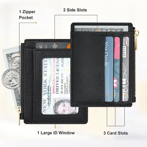 Vista 2 de Sodsay Estuche para tarjetas, cartera delgada con bolsillo frontal, para mujer, sujetatarjetas con llavero