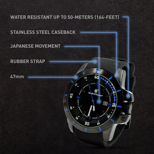 Vista 4 de Smith & Wesson Men's Trooper Watch, Water Resistant, 5 ATM, Japanese Movement, Scratch-Resistant Glass, Date Display, Rubber Strap, 47mm