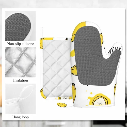 Vista 6 de Mxocom Juego de manoplas de horno y soportes para ollas de plátano con rodajas, de silicona, resistentes al calor, para horno de cocina, soporte