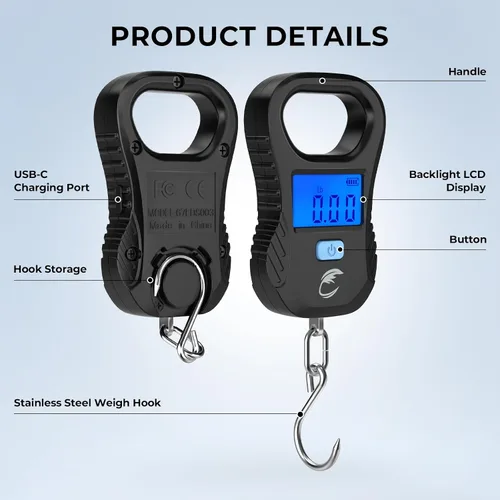 Vista 6 de Calamus Báscula de pescado ligera - Báscula digital recargable con cable USB, capacidad de 55 libras, unidades múltiples libras/onzas y kilogramos