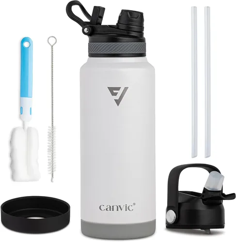 Vista 13 de Canvic DualSip - Botella de agua de acero inoxidable aislada al vacío de 32 onzas, 2 tapas a prueba de fugas (pajilla y pico), boca ancha, sin BPA