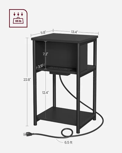 Vista 3 de VASAGLE Mesa auxiliar con estación de carga, mesa auxiliar de 3 niveles con puertos USB y tomas, mesita de noche para sala de estar, dormitorio