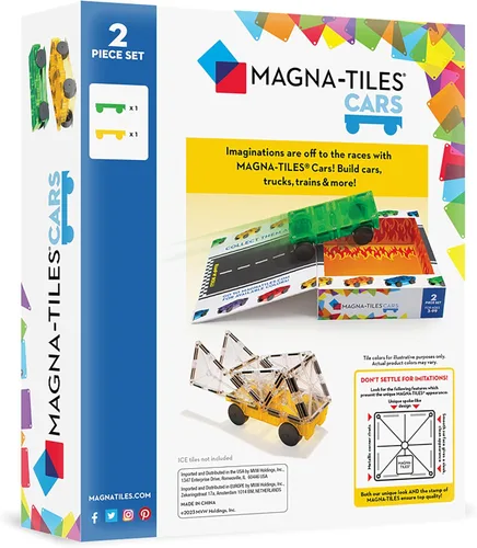 Vista 3 de MAGNA-TILES Coches – Juego de Construcción Magnético de 2 Piezas en Verde y Amarillo, La MARCA ORIGINAL de Construcción Magnética