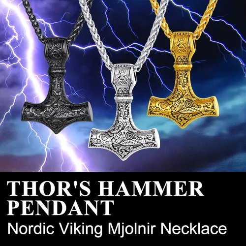 Vista 3 de Richsteel Necklaces for Men Womens Thor's Hammer Pendant Mjolnir 316 Stainless Steel18K Gold PlatedBlack Viking Nordic Jewelry