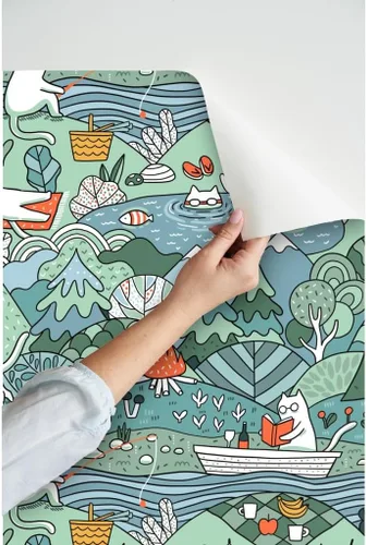 Vista 3 de Papel tapiz para despegar y pegar – Day Lake restaura la naturaleza, animales, gatos, picnic de verano, gatos, papel tapiz extraíble personalizado