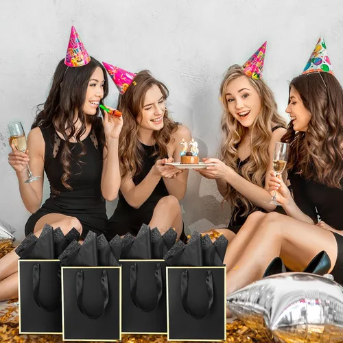 Vista 7 de Yeaqee Paquete de 24 bolsas de regalo de papel metálico con asa y tejido de 9 x 7 x 3.1 pulgadas, papel de aluminio dorado, bolsas de agradecimiento
