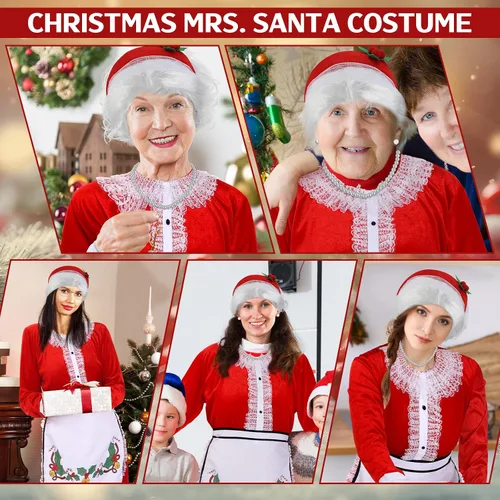 Vista 7 de 10 piezas de disfraz de Sra. Santa para mujer, vestido clásico de Papá Noel, capó, delantal, peluca para adultos, disfraz de Navidad, fiesta