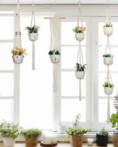 Vista 6 de GROWINGGAIR - Paquete de 5 perchas de macramé para plantas, hechas a mano, de algodón, con 10 ganchos, soporte para macetas, cuentas de madera